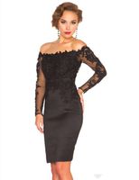 Wholesale Stunning Short Black Cocktail Dresses Long Sleeve Off Shoulder Lace Satin Sheath Above Knee Length Prom Party Gowns Custom Made