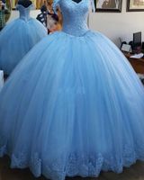 Wholesale Sky Blue Lace Quinceanera Dresses Off Shoulder Corset Back Sequins Sweep Train Custom Made Sweet Party Debutante Gowns