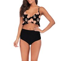 Wholesale Black Floral Women Bikini Suits Cross Bandage Flower Print Girls Summer Biquini Sets Sexy Adjustable High Waist Swim Wear BK51