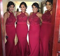 Wholesale Modest Dark Red Bridesmaid Dresses Mermaid Halter Summer Country Garden Formal Wedding Party Guest Maid of Honor Gowns Plus Size