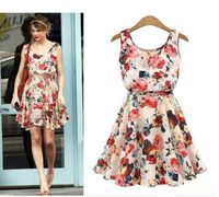Wholesale Women Summer Dress Brand Boho New Apricot Sleeveless O Neck Florals Print Pleated Party Clubwear Formal Dress