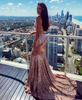 Wholesale Sexy Long Sequined V neck Rose Gold Prom Dresses Bodycon Custom Made Mermaid Backless Sweep Train Evening Gowns Party Dress for Women