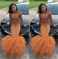 Wholesale Dust Orange Mermaid Prom Dresses Black Girls Slay High Neck Long Sleeves See Though Top Beaded Tight Formal Evening Gowns Plus Size