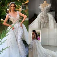 Wholesale Real Pictures Crystal Beaded Mermaid Wedding Dresses With Detachable Train LuxuryAppliqued Feathers Saudi Arabic Dubai Bridal Gown CPH032