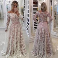Wholesale Gorgeous Long Sleeve Full Lace Wedding Dress Off Shoulder Neckline A Line Illusion Back Nude Pink Underneath Buttons Back Bridal Gowns