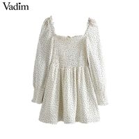 Wholesale Vadim women sweet dot print mini dress long sleeve square collar elastic pleated female casual cute dresses vestidos QC192