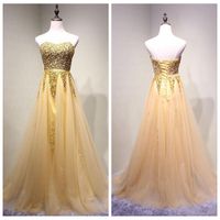 Wholesale Sparkly Formal Evening Dresses Sweetheart A Line Tulle Gold Prom Dress Plus Size Rhinestones Beading Brush Train Rehearsal Dinner Party Gowns