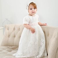 Wholesale lace baby girl baptism gown christening dress princess long baby girl dresses hats wedding newborn baby girl designer clothes A5928
