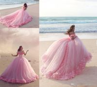 Wholesale New Puffy Pink Quinceanera Gowns Princess Cinderella Formal Long Ball Gown Bridal Weddings Dresses Chapel Train Off Shoulder D Flowers