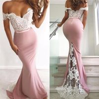 Wholesale Blush Pink Satin Mermaid Prom Dresses Off the Shoulder Lace Applique Top Open Back Sweep Train Formal Evening Gowns With Buttons BM0840