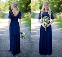 Wholesale Country Bridesmaid Dresses Long For Weddings Navy Blue Chiffon Short Sleeves Lace Beads Floor Length Maid Honor Gowns