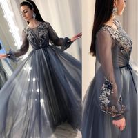 Wholesale Sheer Romantic Long Sleeves Formal Evening Dresses Keyhole Neck A Line Embroidery Lace Custom Made Prom Dress