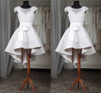 Wholesale Short White Homecoming Dresses Sheer Neck Cap Sleeves Appliques Lace Satin Custom Made High Low Prom Dresses Fast Shipping