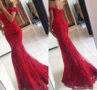 Wholesale 2019 New Red Lace Mermaid Prom Dresses veatidos off Shoulder Beaded Appliques Tulle Floor Length Cheap Long Evening Gowns