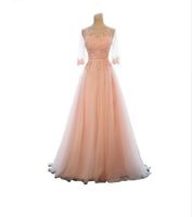 Wholesale New Evening Dress Banquet Sweet Pink Scoop Neck Neck Half Sleeve Transparent Lace Enbroidery A line Long Prom Formal Dress