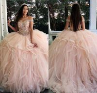 Wholesale 2020 Girgeous Charming Ruffles Tiered Light Pink Quinceanera Dresses Off the Shoulder Appliques Bead Sweet Dress Tulle Prom Gowns