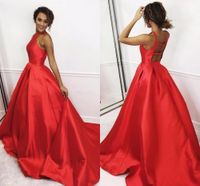 Wholesale Simple Red Satin Ball Gown Evening Dresses Backless Long Graduation Dress Sleeveless Party Dress Keyhole Neck Evening Gown