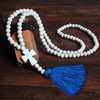 Wholesale Long decorative Necklace White Hand Beaded tassel cross sweater chain latest wooden Turquoise Necklace Long Necklace Jewelry