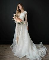Wholesale 2020 A line Long Sleeves Modest Wedding Dresses Scoop Neck Corset Back D Flowers Pearls Beaded Lace Modern LDS Bridal Gowns Custom Made
