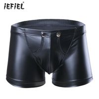 Wholesale Sexy Mens Low waisted Faux Leather Boxer Underwear Shorts Bulge Pouch Sissy Panties Lingerie Men Boxer Homme Slim Cut Underpants