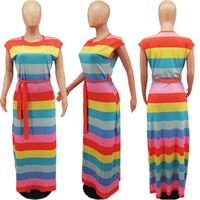Wholesale 2020 Women Rainbow Striped Dress Fashion Designer Short Sleeve Women Color Pabnelled Dresses Summer Long Dress with Sashes