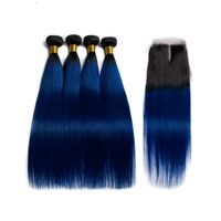 Wholesale Ombre Color T B Dark Blue Straight Remy Human Hair Weft Weaves Bundles With X4 Lace Closure