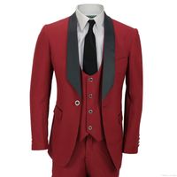Wholesale Customize Dark Red Groom Tuxedos High Quality Man Blazer Shawl Lapel Two Button Men Business Dinner Prom Suit Jacket Pants Tie Vest