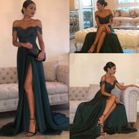 Wholesale Cheap Prom Dresses Off the Shoulder Long Dark Emerald Green Satin Lace Appliques Side Split Cap Sleeves Party Dress Formal Evening Gowns