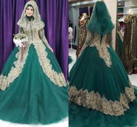 Wholesale 2019 Muslim Hunter Ball Gown Wedding Dresses with Golden Lace Appliques Long Sleeves with Hijab Plus Size Bridal Dress Wedding Gowns