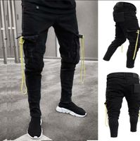 Wholesale Mens Black Cargo Jeans Destroyed Frayed Biker Jeans Slim Fit Big Pocket Pencil Denim Pants Plus Size S XL Man Trousers Trendy
