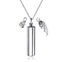 Wholesale Cylinder Capsule Secret Message Vial Cremation Ash Urn Necklace in Stainless Steel Stash Locket Wing and Crystal Dangle Necklace