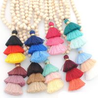 Wholesale Tassel Necklace For Women Natural Ivory White Wood Beaded Necklace Layered Cotton Tassels Long Necklace Boho Jewelry