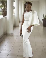 Wholesale Evening Dresses Wear White One Shoulder Half Sleeves Mermaid Formal Beading African Dubai Women Long Sheath Prom Robe De Soiree Gown