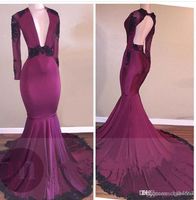 Wholesale Simple Design Long Sleeves Prom Dresses Sheath Plunging V Neck Appliqued Beaded Open Back Court Train Party Evening Gowns Formal Robe AW325