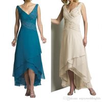 Wholesale Chiffon Mother of the Bride Dresses With Jacket Tiered V Neck Criss Cross Pleat Turquoise Cream Hi Lo Wedding Party Gown