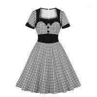 Wholesale Short Sleeve Vintage Dress Knee Length Trellis Female Clothing Plus Size Women Designer Party Dresses High Waist