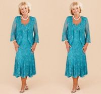 Wholesale Mother Off Bride Dresses V Neck Turquoise Full Lace Long Sleeves Tea Length Sheath Plus Size Mother Of The Bride Dress With Jacket