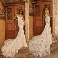 Wholesale Champagne New Mermaid Wedding Dresses Berta Couture Off Shoulder Lace Applique Sweep Train Bridal Gowns Custom Made