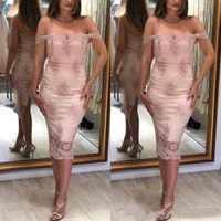 Wholesale 2019 Pink Prom Dresses Sheath Off Shoulders Back Split Women Cocktail Gowns Appliques Tea Length Party Dress Wears