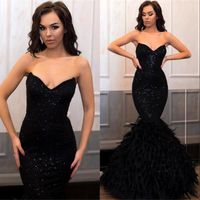 Wholesale Modest Black Sequins Prom Evening Dresses Sexy Vintage Mermaid Formal Party Gown Sheath Strapless Feather Pageant Dresses BC0824