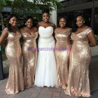 Wholesale Sparkly Rose Gold Cheap Mermaid Bridesmaid Dresses Off Shoulder Sequins Backless Plus size Beach Wedding Gown Bling Bling