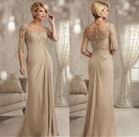 Wholesale Beaded Lace Champagne Mother of The Bride Dresses Plus Size Chiffon Half Sleeves Groom Godmother Evening Dress For Wedding