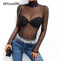 Donna Body Body Mesh Trasparente Top Manica Lunga Maglia Tuta Tutina Camicie
