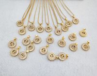 Wholesale Gold Color Round Micro Pave Crystal Cubic Zirconia Letter Pendants Charms Necklace Jewelry making for woman NK348