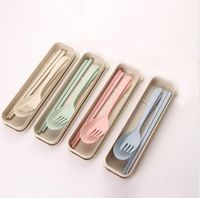 Wholesale Wheat Straw Travel Tableware Cutlery Set With Dinnerware Case Eco friendly Spoon Fork Chopsticks Sets Outdoor Portable Flatware LXL868Q