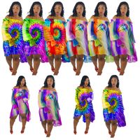 SMILEQ Vestido de Las Mujeres Tallas Grandes Tie-Dye Color Bloque Falda Vintage Suelta Cuello en V Manga Corta Borla Maxi Sundress