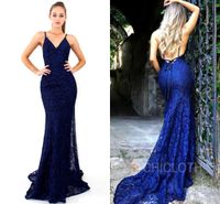Wholesale Dark Blue Lace Mermaid Prom Dresses Spaghetti Backless Evening Formal Party Gown Cheap Pageant Dress Custom Made BC1586