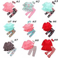Wholesale Girls Christmas Clothing Sets Ruffled T shirts Tops Legging Pants Headband Set Fashion Kids Outfit Boutique Clothes Suit