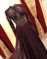 Wholesale Elegant Muslim Arabic Evening Dress Summer Chiffon High Neck Long Sleeves Prom Dress Crystal Beaded Formal Party Gowns
