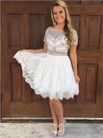 Wholesale Best Sale Lace Two Pieces Homecoming Dresses with Beaded Short Sleeves Pageant Party Graduation Gowns
